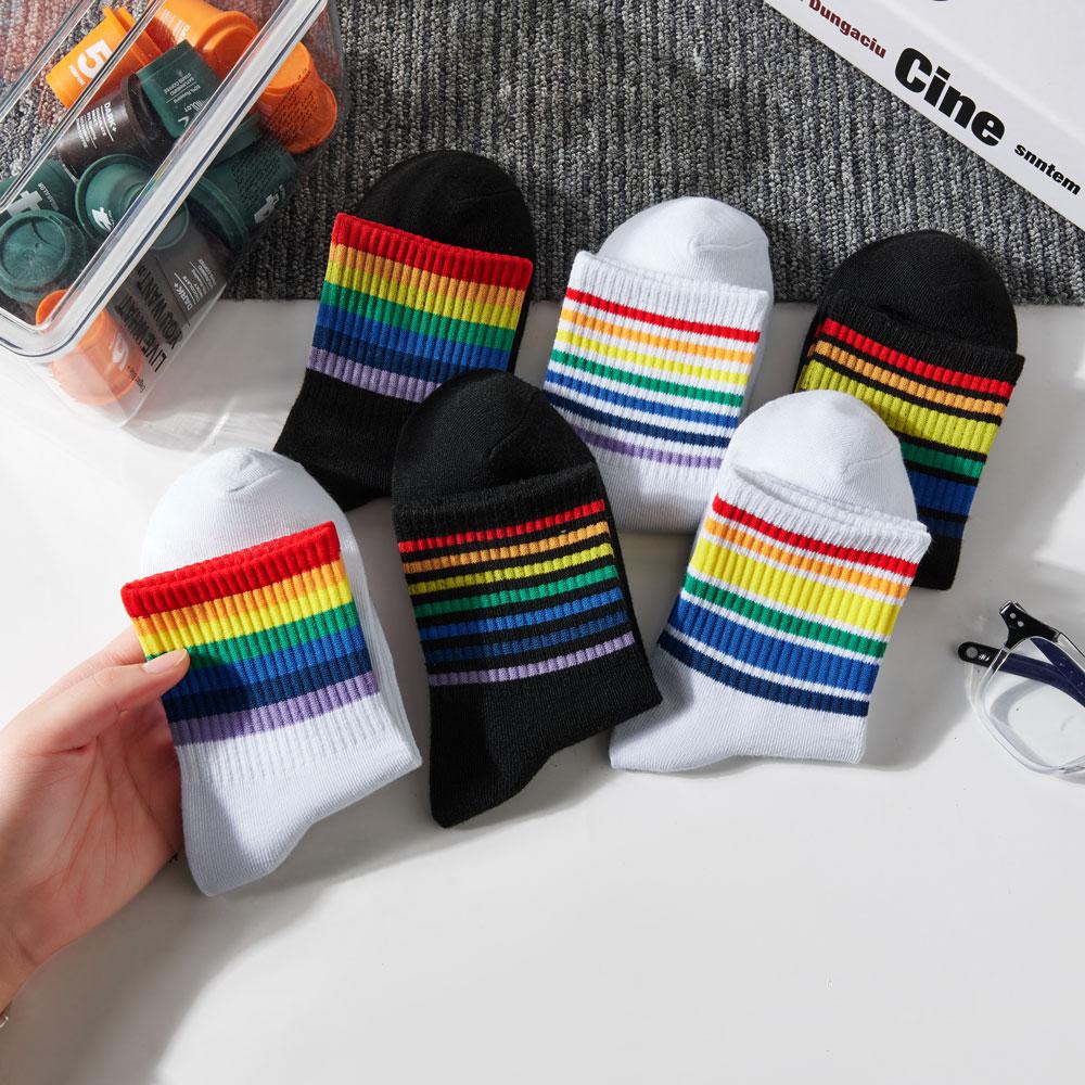 5 пар женских радужных носков, хлопковые милые полосатые белые носки, японские забавные носки в стиле Харадзюку, каваи