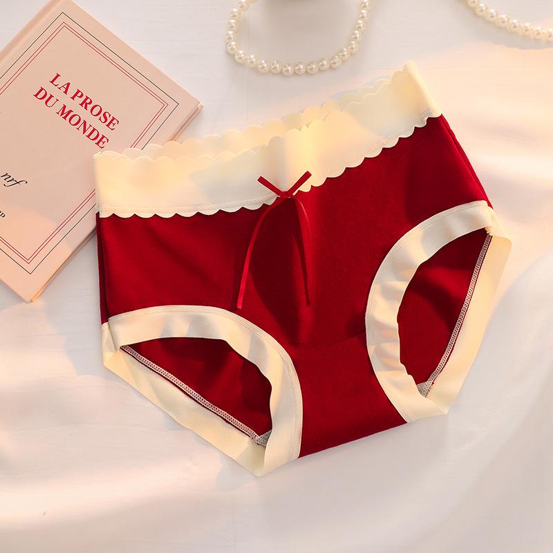 Benmingnian 2025 Women's Seamless Red Cotton Underwear, Mid-Waist, Brushed Graphene, 5A Antibacterial, Breathable.