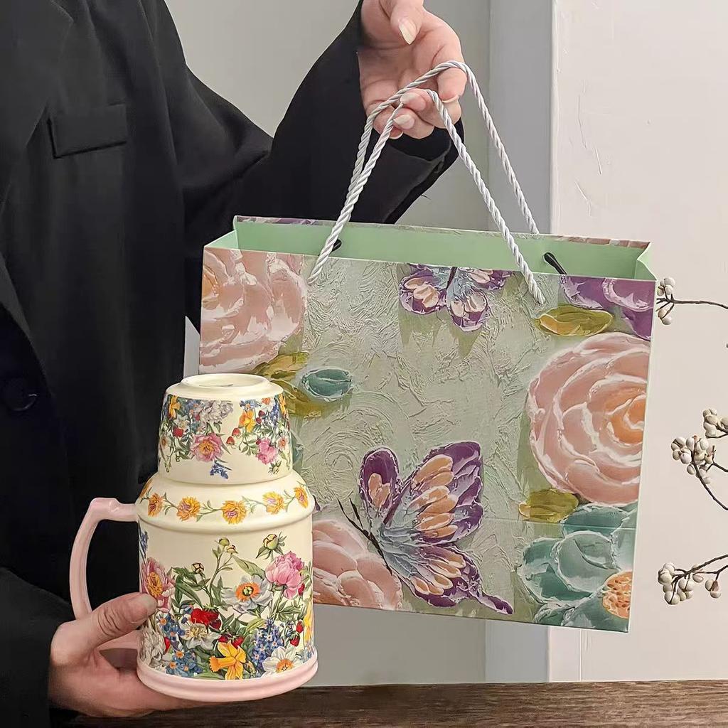 Французская Полулетняя Цветочная Кружка с Крышкой Керамический Чайник Чашка для Чая Офисный Ретро Изысканная Кружка Сувенир