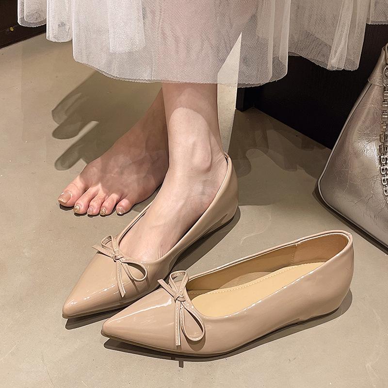 Beige Pointed Single Shoes Women's New Small Inner Height Increase Flats Versatile Bow Evening Shoes