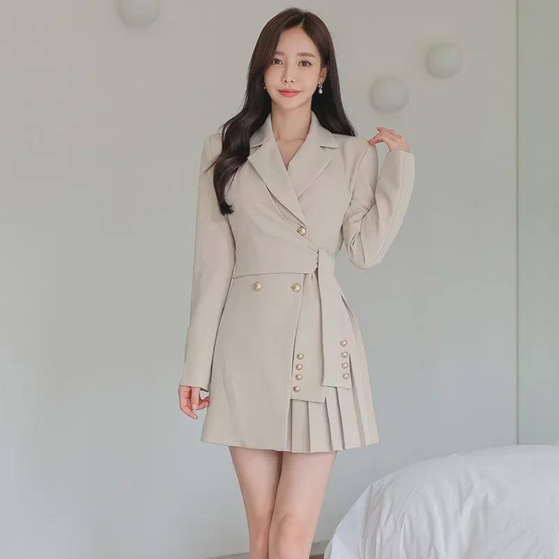 Elegant Pleated Suit Skirt with Professional Collar - Women's Autumn Fashion