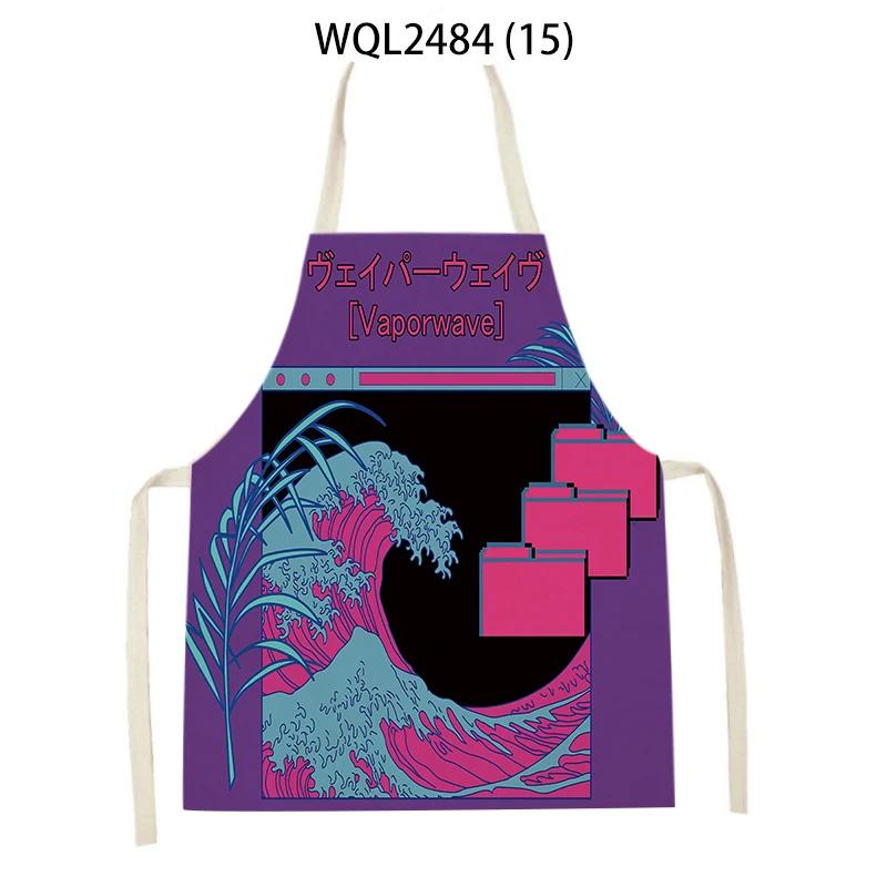Japanese Style Kitchen Waves Sunrise Print Aprons for Women Linen Pinafore Bibs Household Cleaning Home Cooking Apron