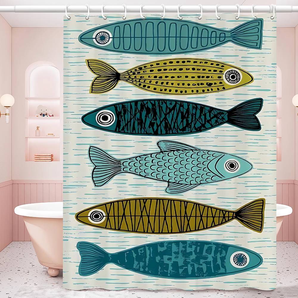 Colorful Sardine Lobster Fish Ocean Bathroom Curtain Classic Anime Fabric Shower Curtain With 12 Hooks Waterproof Bathroom Decor