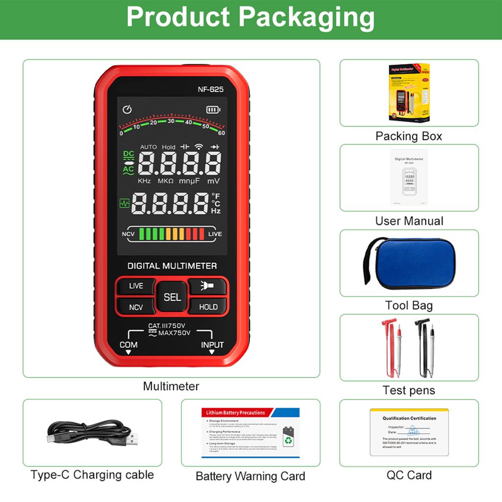 Умный цифровой мультиметр, 6000 отсчетов, перезаряжаемый мультитестер с большим ЖК-дисплеем, ACDC