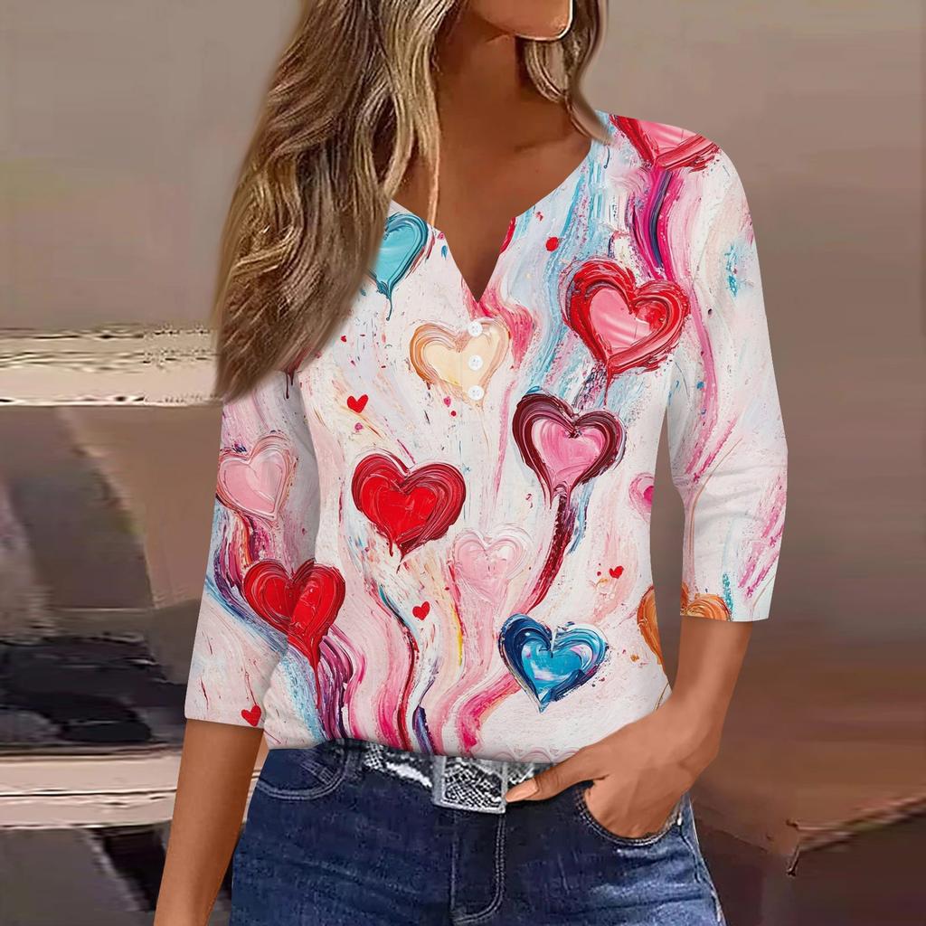 Женский повседневный универсальный топ с V-образным вырезом и рукавом три четверти на пуговицах с принтом ко Дню святого Валентина