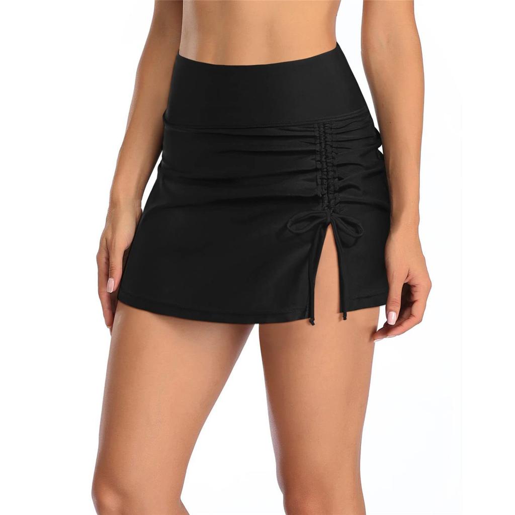 Женские модные сексуальные однотонные плавки с высокой талией, плиссированные трусы для плавания с разрезами и шнурком, двойная юбка, плавки