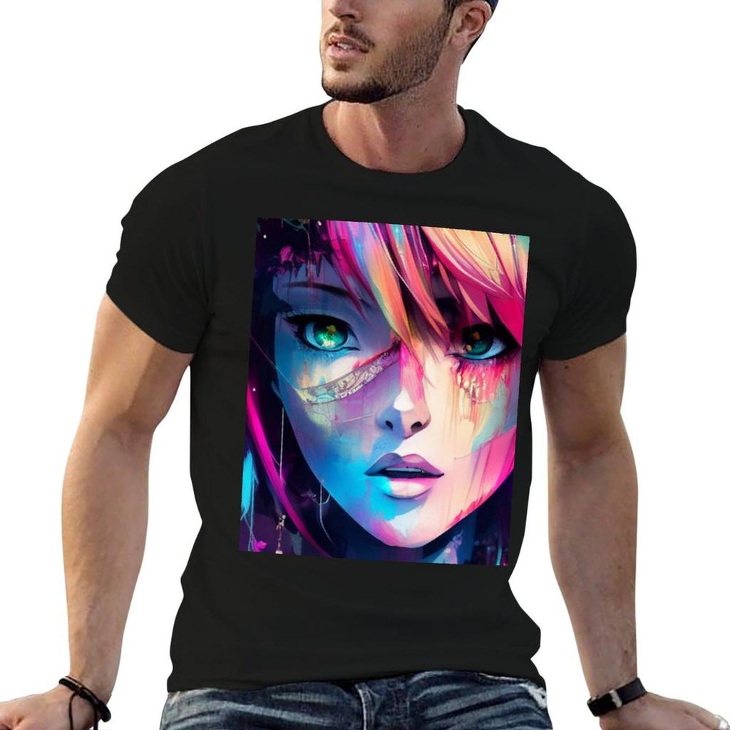 Mysterious Anime Girl In Moody Colors Tshirt Plus Size Loose Short Sleeve Top