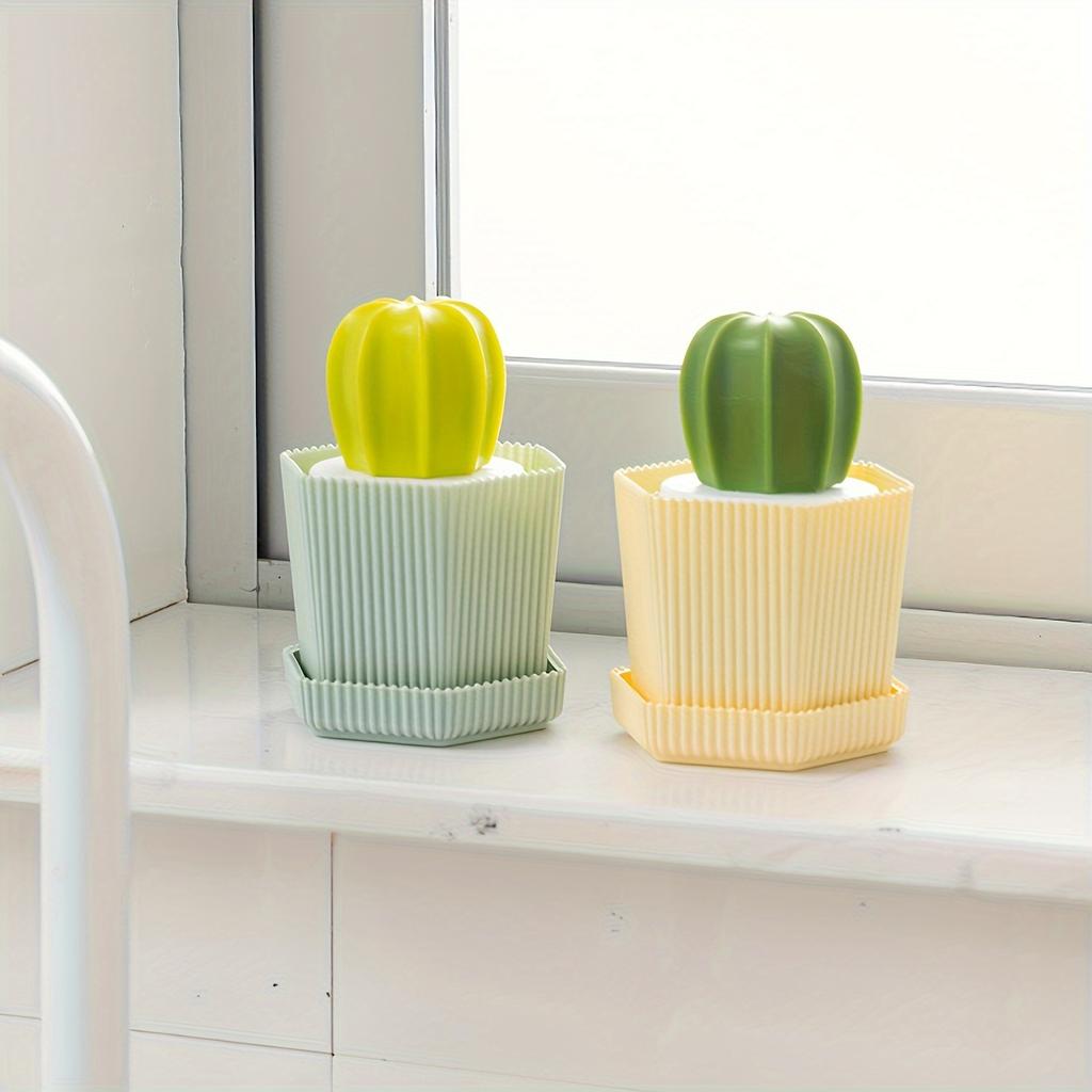 1PC Cactus Shape Dishwashing Brush with Drip Tray, Sturdy Cleaning Brush Set for Kitchen