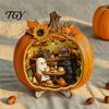 Miniature Scene Halloween Gifts Ghost Pumpkin Tabletop Sign, Wooden House with Mini Tiered Tray Ornaments Scene, Fall Harvest Desktop Ornament