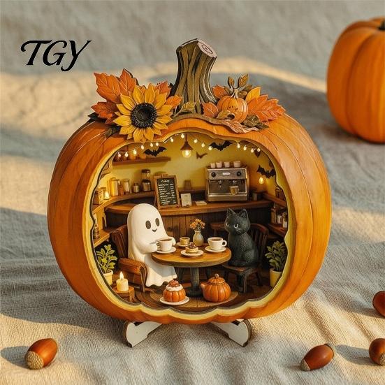 Miniature Scene Halloween Gifts Ghost Pumpkin Tabletop Sign, Wooden House with Mini Tiered Tray Ornaments Scene, Fall Harvest Desktop Ornament
