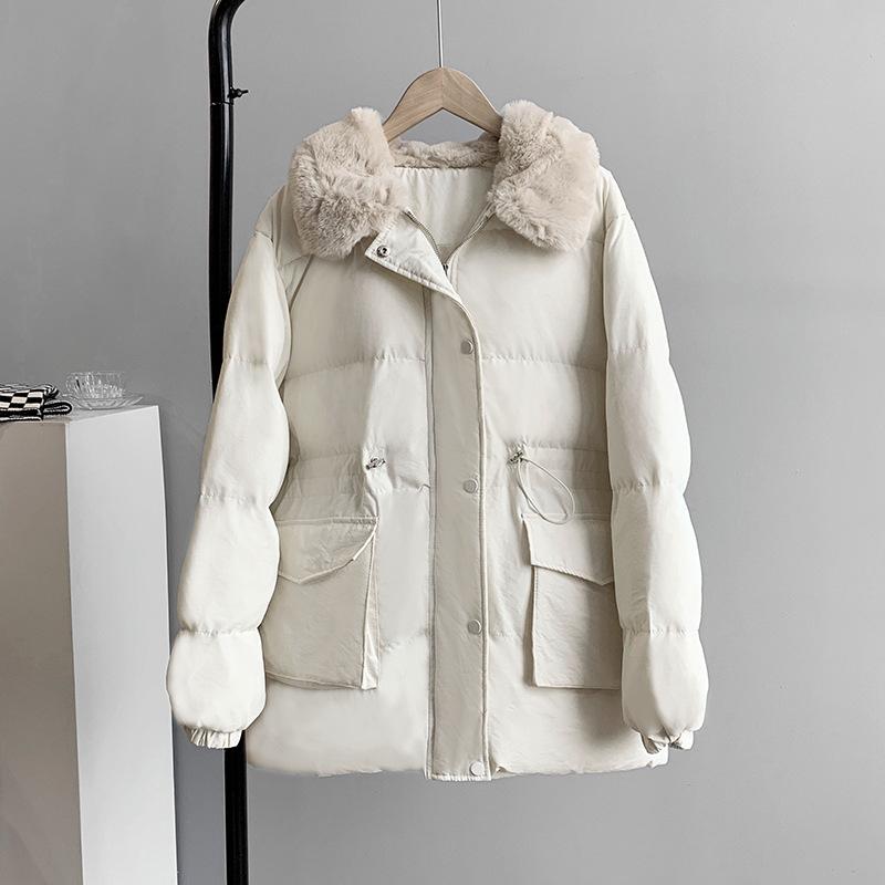 Women Autumn Winter Imitation Rabbit Hair Slim Cotton Coat Lapel Neck Solid Color Drawstring Padded Jacket