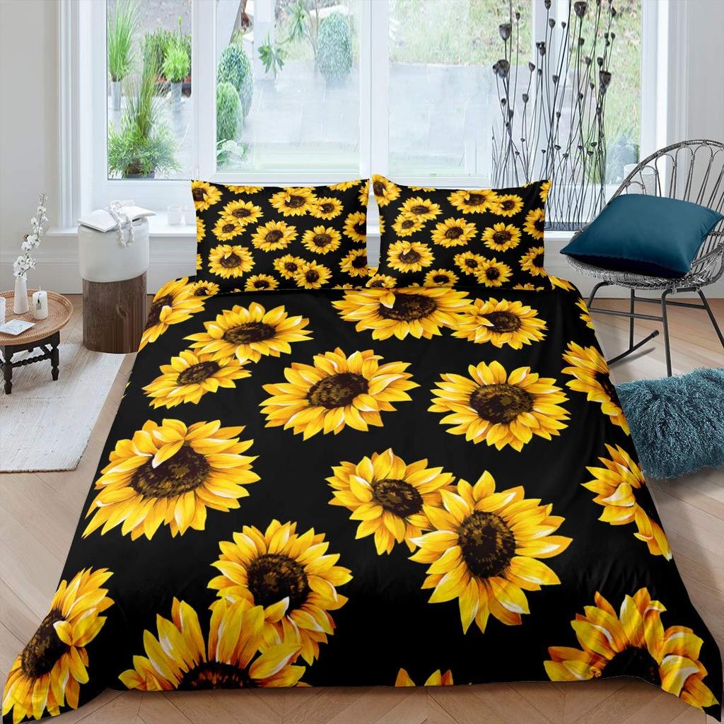 Comforter Yellow Sunflower Queen Blossom Flowers Bedding Set Butterfly Floral Print Comforter Nature Theme Bedroom Decor