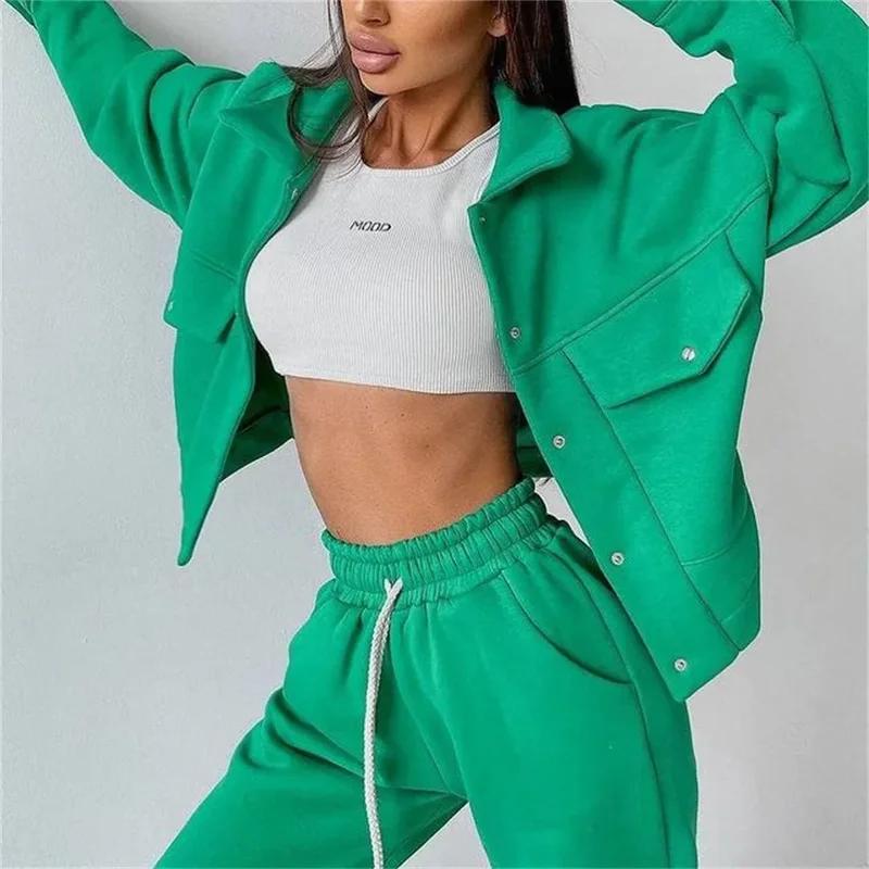 Women Tracksuit Matching Two Pieces Set Single Button Jacket Coat Pockets Pants Suit Drawstring Trousers Sports Outfits
