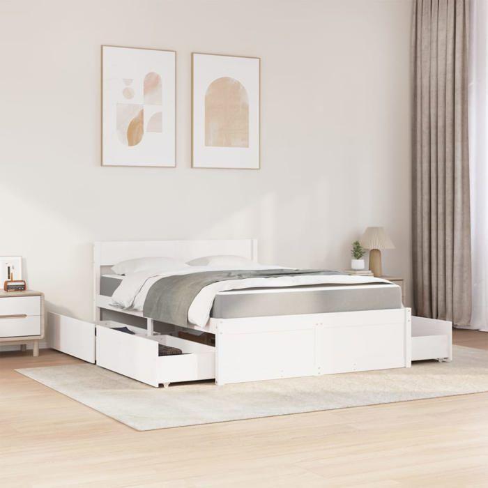 Cadre de lit avec matelas - Maison Exclusive - 120x200 cm - Bois pin massif blanc - 4 tiroirs