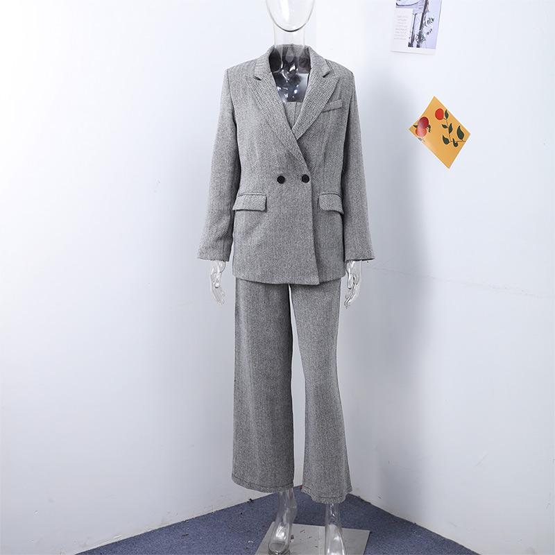 Модные узкие брюки для женщин, комплект из 3 предметов, элегантный блейзер с длинным рукавом и поясом, майка с высокой талией, широкие брюки, женские костюмы