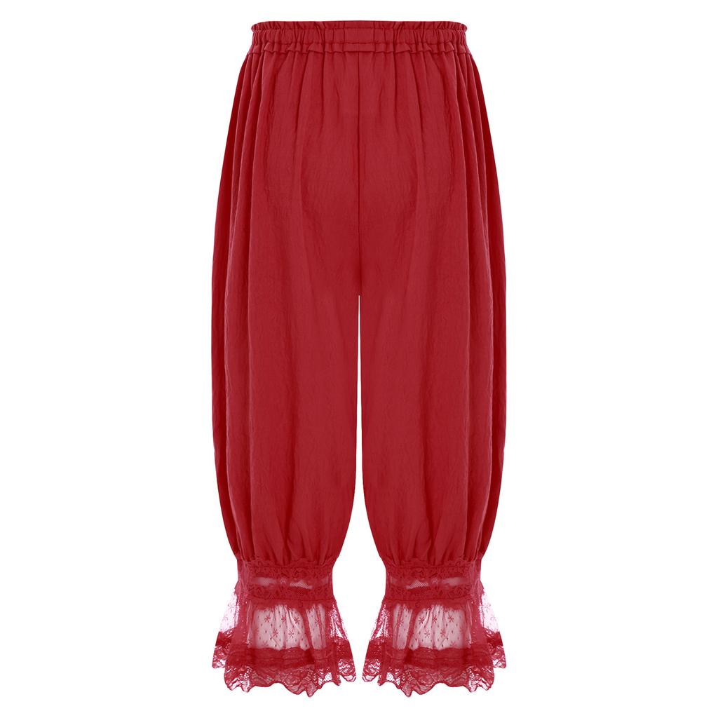 S-L Womens Lace Trim Long Bloomers Loungewear Elastic Waist with Drawstring Loose Harem Pants Medieval Pirate Pantaloons Midi Pants