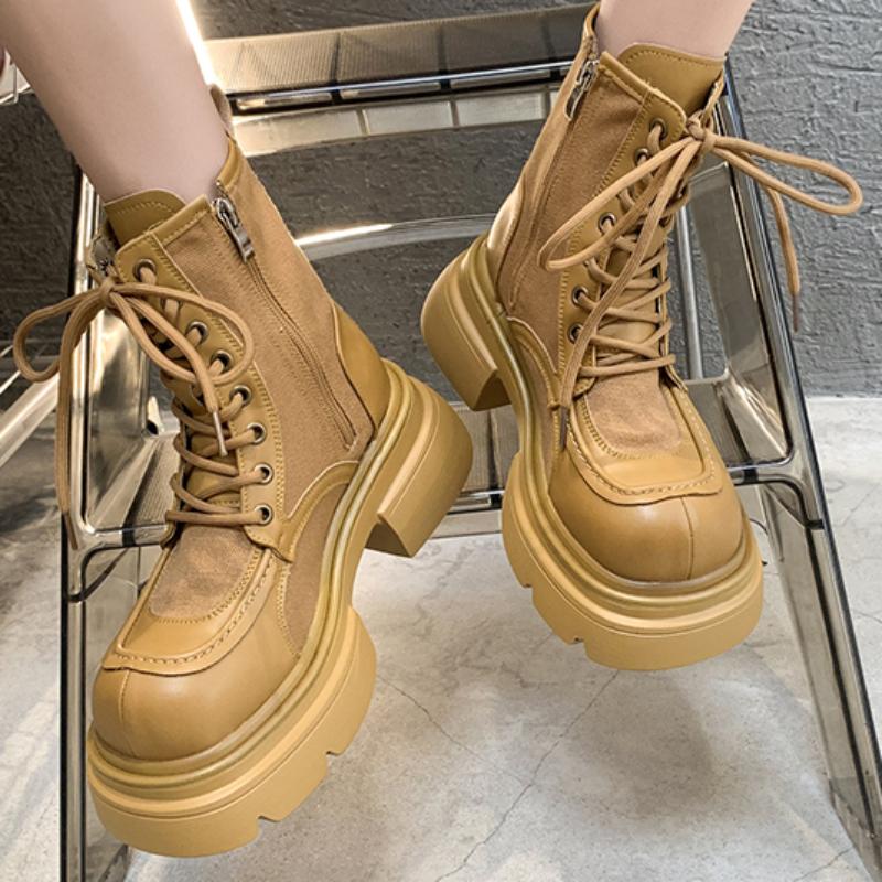 Shoes for Women 2024 Fashion Winter Mid-Calf Women Boots Solid Color Round Toe Lace Up Platform Mid Heel Water Proof Shoes Women