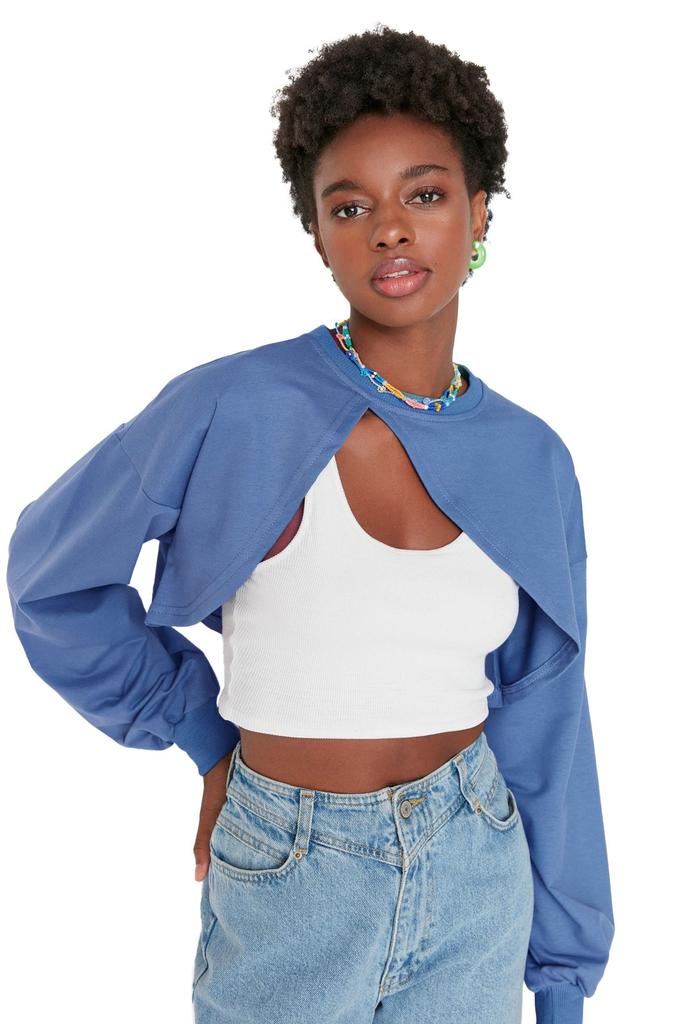 Women's Fashion Stylish Sweatshirt Black Asymmetrical Super Crop Crew Neck Thin Knitted Sweatshirt