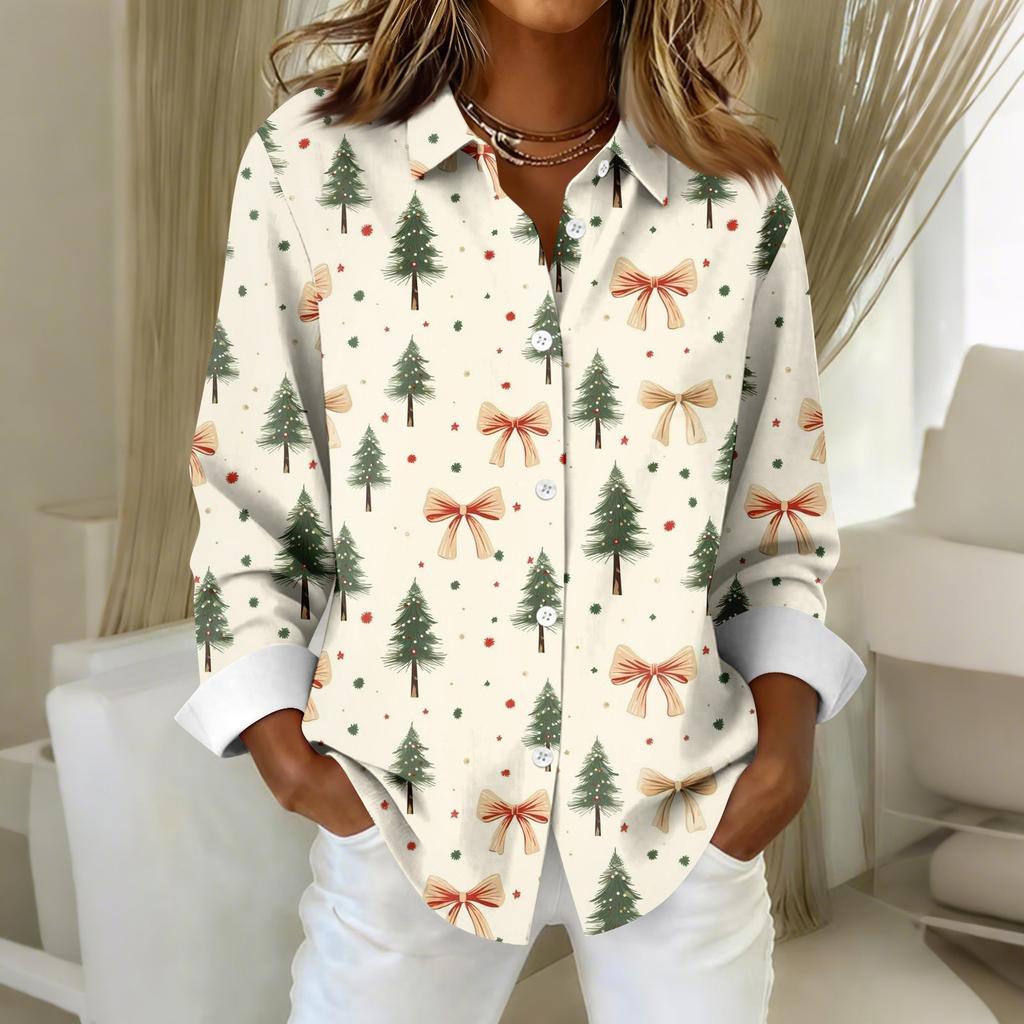 Women's Shirt Blouse Christmas Print Button Long Sleeve Casual Basic Shirt Collar Regular Top