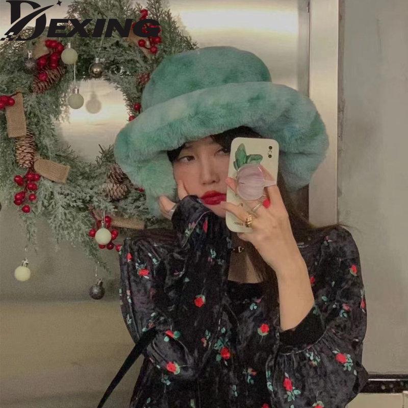 Oversized Plush Fluffy Bucket Hat Women Female Fashion Faux Fur Autumn Winter Hat Large Warm Clouds Fisherman Cap Luxury Hat