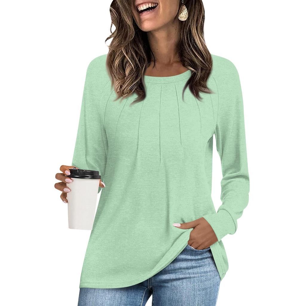 Женская модная повседневная плиссированная футболка с круглым вырезом и длинным рукавом, однотонная футболка, удобный топ