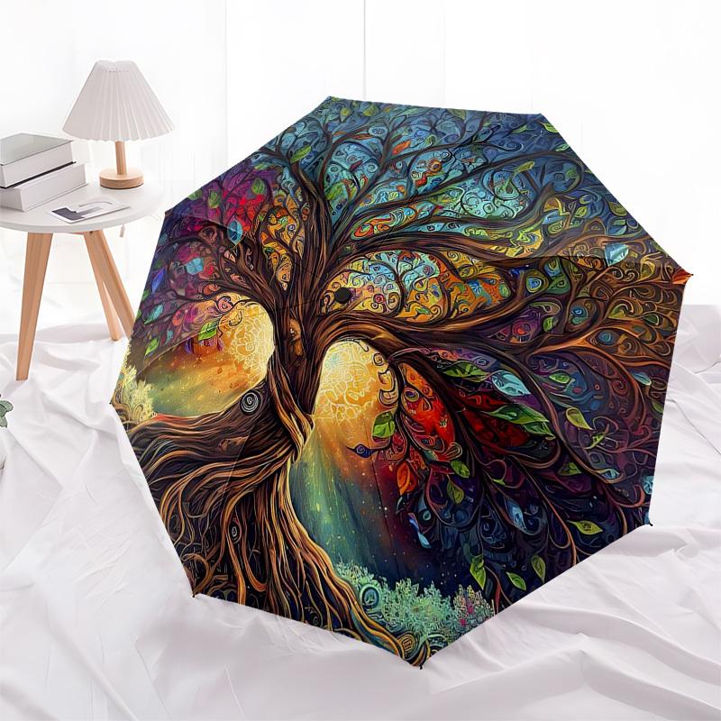 1pc Stained Glass Statue of Liberty Design Automatic Folding Umbrella, Portable 3-Fold Design, 8-Rib Iron Frame Outdoor Umbrella, Ideal Gift for Fans,