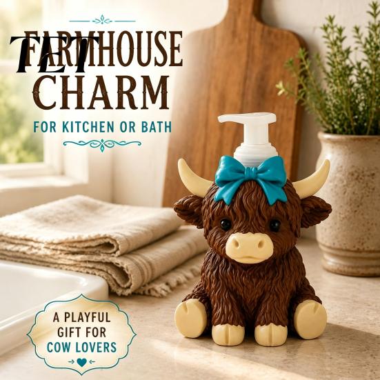 Durable Soap Dispenser Highland Cow Dispenser, Pink Bow Cattle Refillable Hand Bottle, Plastic Empty Pump Bottle for Bathroom, Housewarming