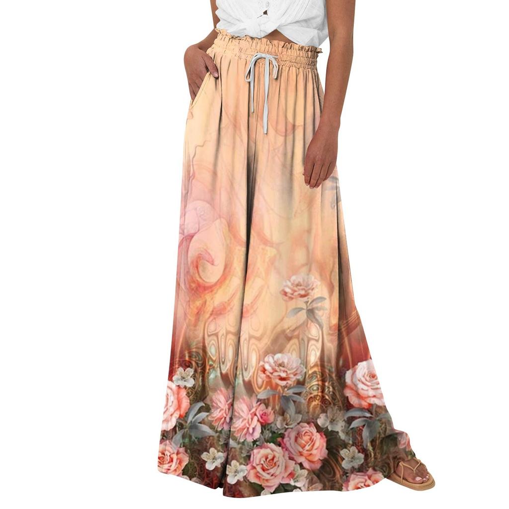 Women's Palazzo Pants Boho Floral Wide Leg Trousers Summer Beach High Waisted Flowy Pants With Pockets