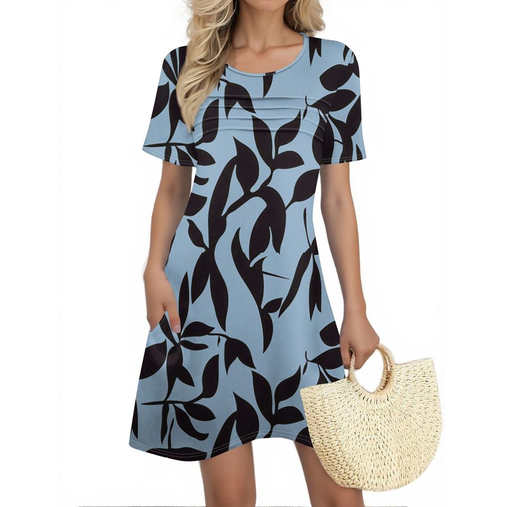 Женские летние платья Женские летние платья с цветочным принтом Повседневные платья с коротким рукавом и круглыми карманами
