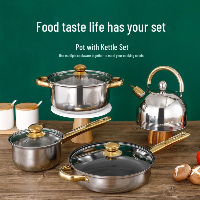 Набор кухонной посуды из 12 предметов из нержавеющей стали с антипригарным покрытием, золотыми ручками и чайником