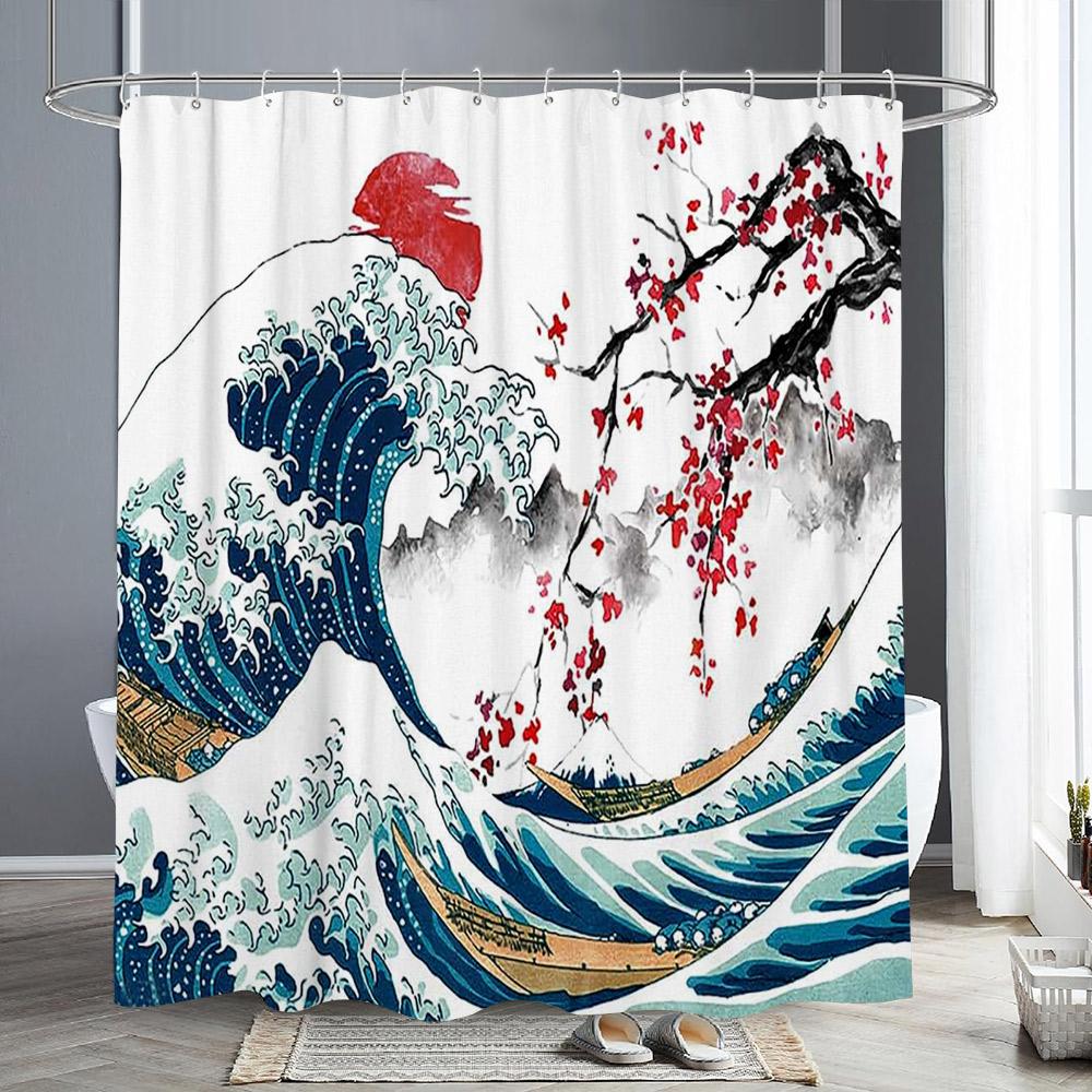 Ветка цветущей красной сливы Японская китайская занавеска для душа Восточное солнце Туманные горы Чернила Природа Пейзаж Ванная комната Искусство Шторы