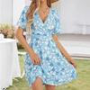 Европейская и американская новая женская юбка от солнца летнее цветочное платье с короткими рукавами на запах с V-образным вырезом и принтом на талии