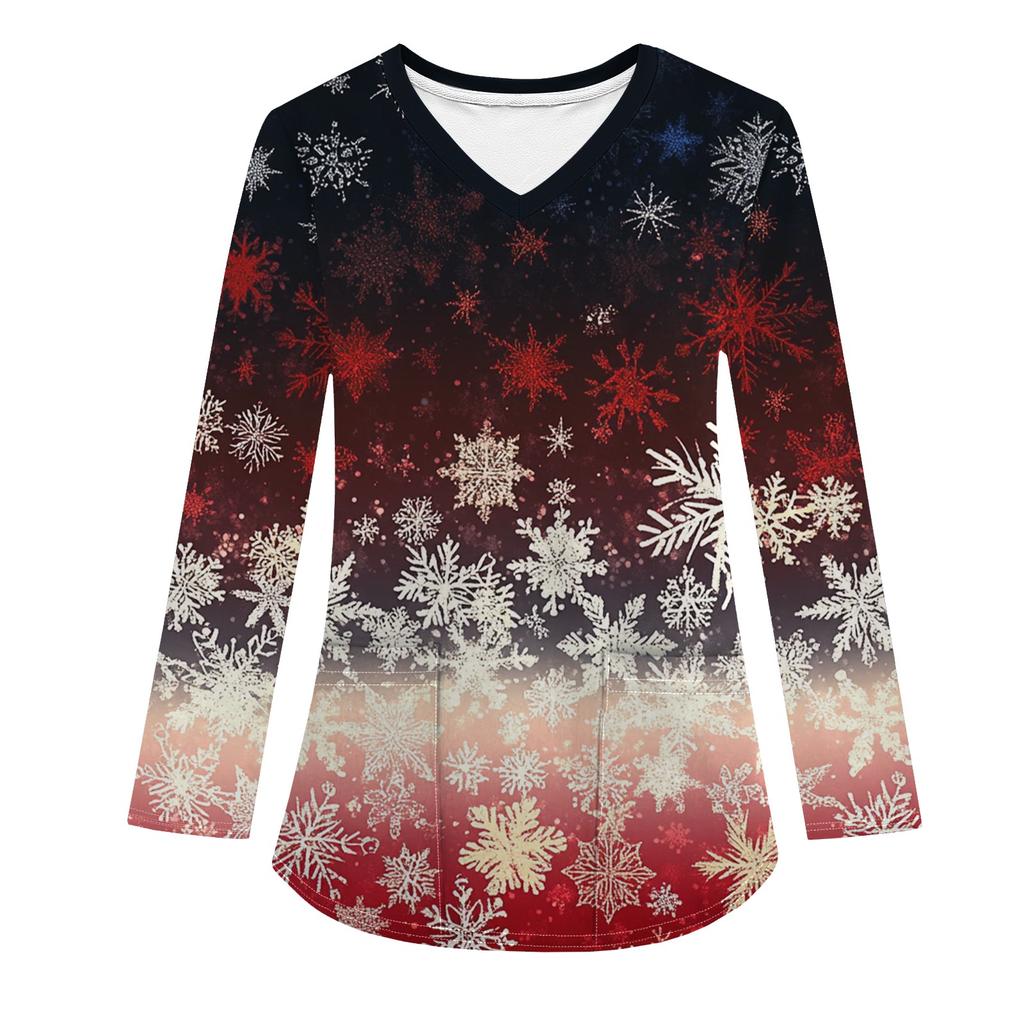 Женская модная рабочая одежда с V-образным вырезом, длинным рукавом и карманом, рождественский принт, футболка, топ