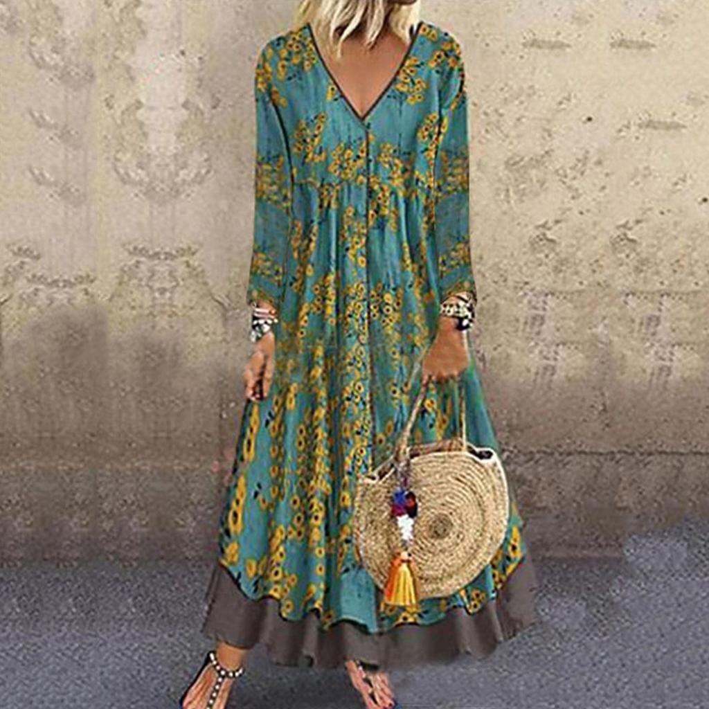 Женское хлопковое платье из конопли со средним рукавом и винтажным принтом, v-образным вырезом, из двух частей