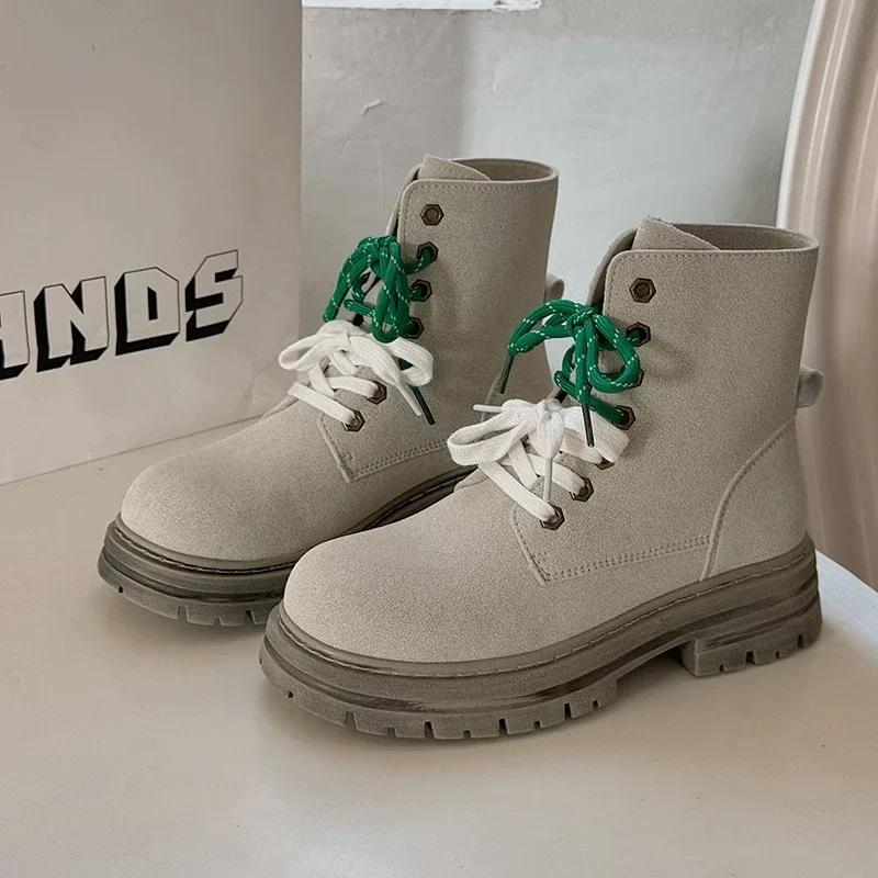 Мода Новые Ботинки в Британском Стиле Женская Обувь Осень Новые Повседневные Ботинки на Шнуровке Женские Ботинки с Высоким Голенищем Нескользящая Толстая Подошва Ботинки для Пешего Туризма на Открытом Воздухе