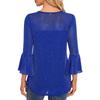 Women's Solid Color Seven Quarter Sleeved Shirt With Pleated Flared Sleeves And Round Neck Mesh Top
