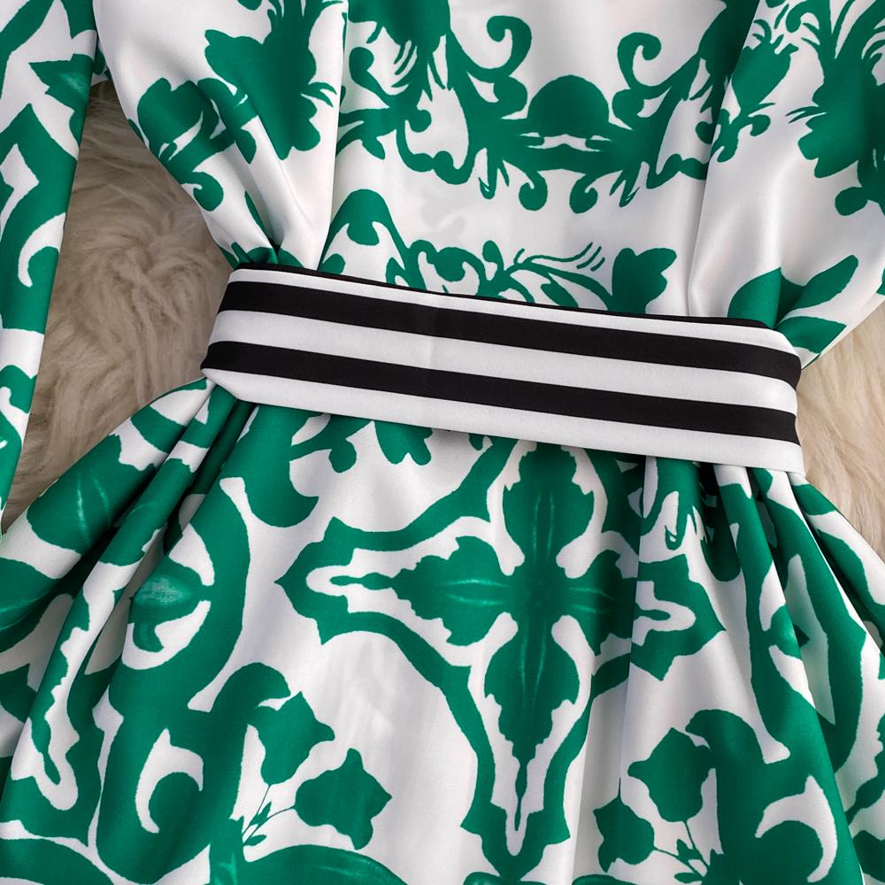 Осеннее модное богемное длинное макси-платье с геометрическим цветочным принтом, женское платье из поплина с воротником-фонариком и рукавами-фонариками на шнуровке, отпускные платья