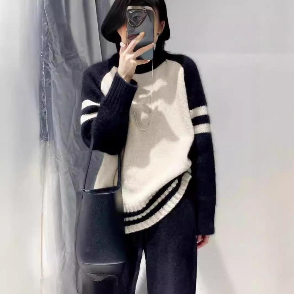 Осень/Зима Корейский Стиль Чистая Шерсть Цветовой Блок Свободный Вязаный Кашемировый Свитер для Женщин