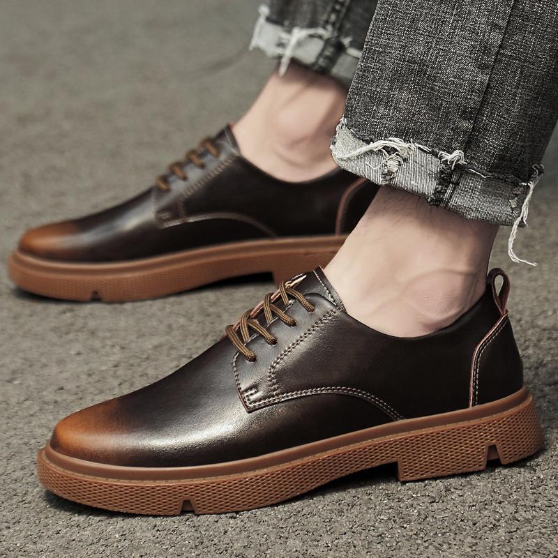 FashionNew High Quality Genuine Leather Men Shoes Spring Autumn Man Casual Handmade Tooling Mens Outdoor Shoes Male Lace-Up Basic Shoes