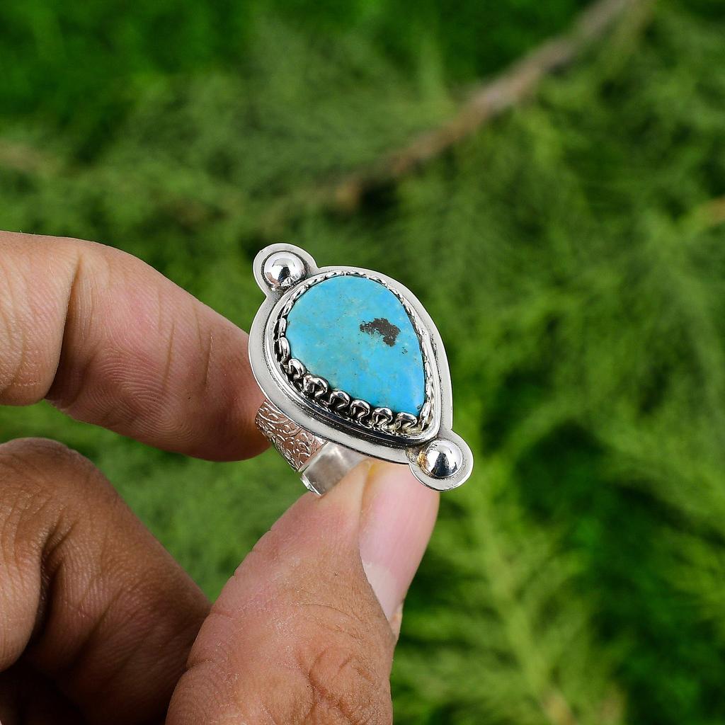 Natural Tibetan Turquoise Gemstone Statement Blue Adjustable Ring 925 Silver