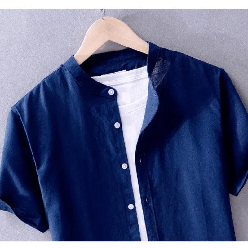 Базовая летняя рубашка для мужчин с воротником-стойкой, однотонная рубашка из хлопка и льна с коротким рукавом, размер 4XL, повседневные топы, пляжные дышащие мужские рубашки