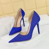 Fashion Women High Heel Shallow Mouth Pointed Toe Side Hollow  Blue Silver Bling Cloth Pumps Stiletto Wedding Bridal Prom Shoes