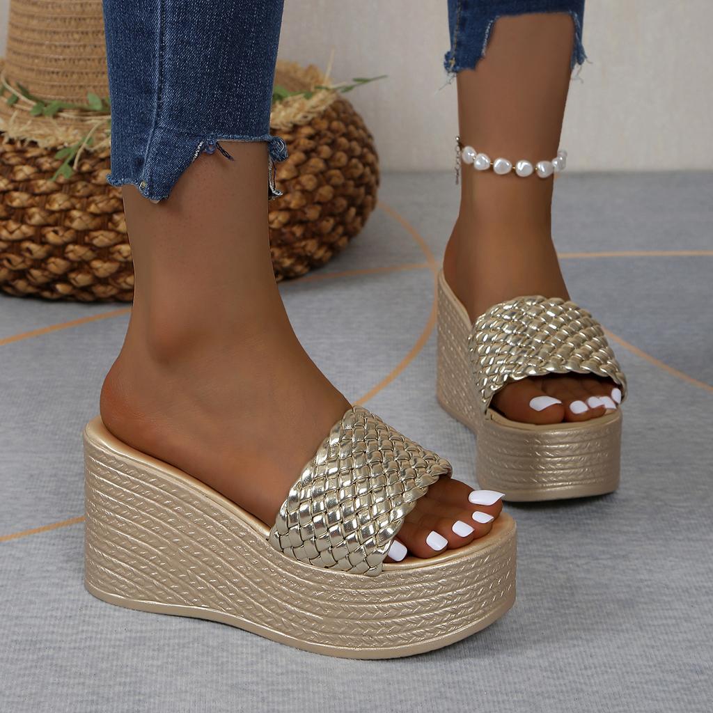 Wedges Slippers for Women Platform Sandals Woman Summer Chunky Golden Round Head Woman Thick Sole Beach Shoes Size