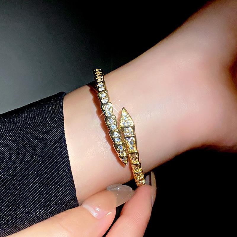 Snake-Shaped Geometric Zircon Open-Ended Bracelet Affordable Luxury Fashion High-Grade Bracelet Niche Temperament All-Match Jewelry Women