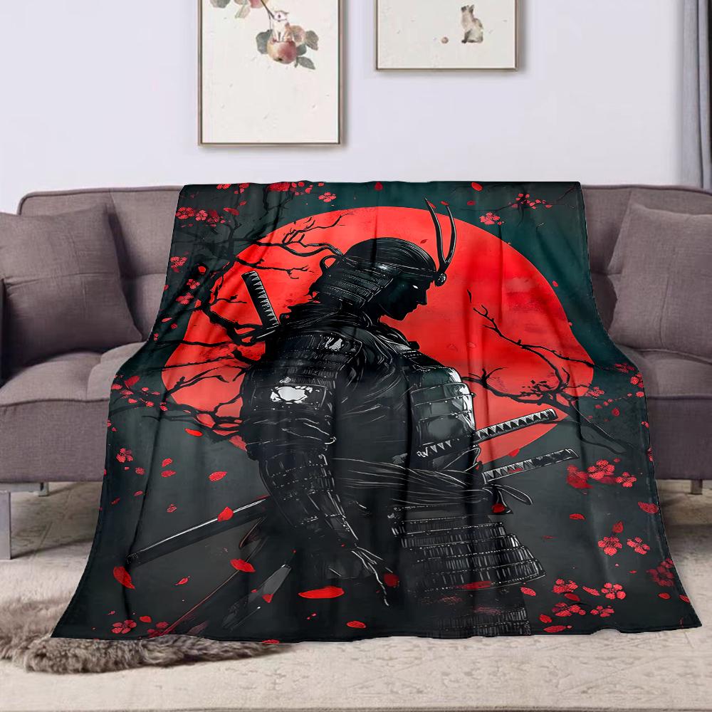 1PC Samurai with red moon background printed blanket all seasons multi-purpose blanket suitable for sofa, camping, travel, car