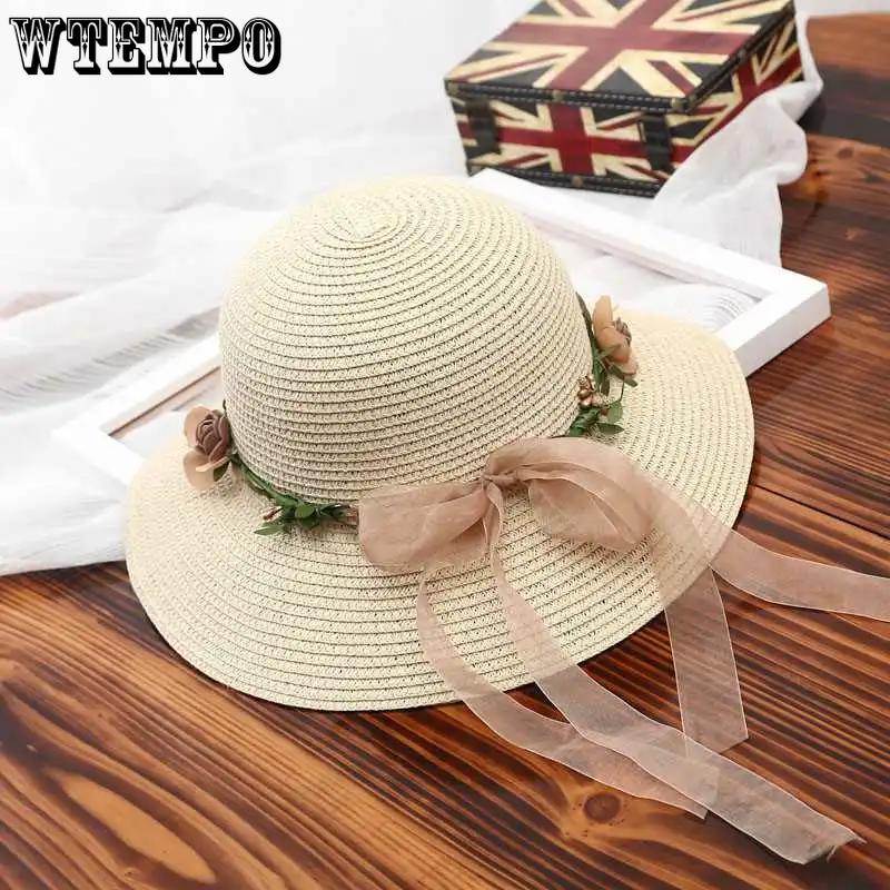 WTEMPO Women's Solid Color Beach Summer Sunscreen Hats Elegant Mesh Bow Foldable Beach Flower Wreath Sun Hats