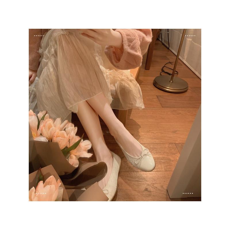Sheepskin Version~ Sweet Bow Splicing Shallow Mouth Flat-bottomed Ballet Shoes Women's Single Shoes