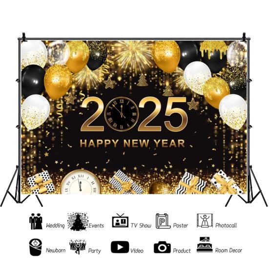 2025 С Новым годом Фон Блестящий Новогодний Подвесной Баннер Черный И Золотой Фото Фон для Домашнего Офиса Вечеринка Декор