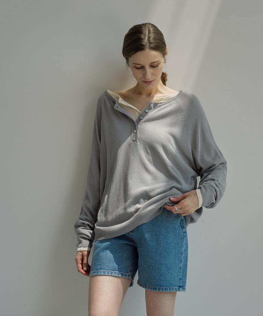 VLETI Linen Blend Raglan Half Button Knit (Gray)