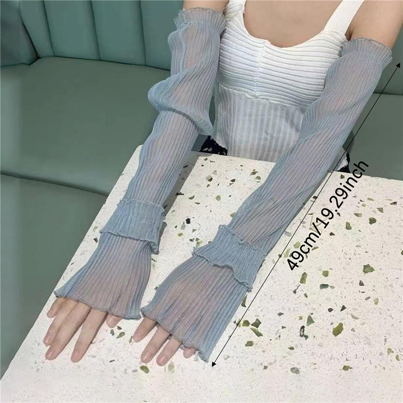 Women's Long Ultra-Thin Lace Arm Sleeves Cooling Mesh Sheer Ruched Tulle Lace Sunscreen Fingerless Arm Sleeves For Outdoor Activity